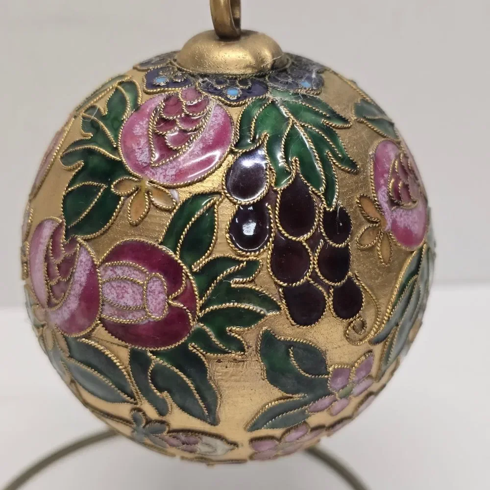 Vintage Floral Cloisonne Enameled Gold Ball Ornament With Stand Christmas Decor